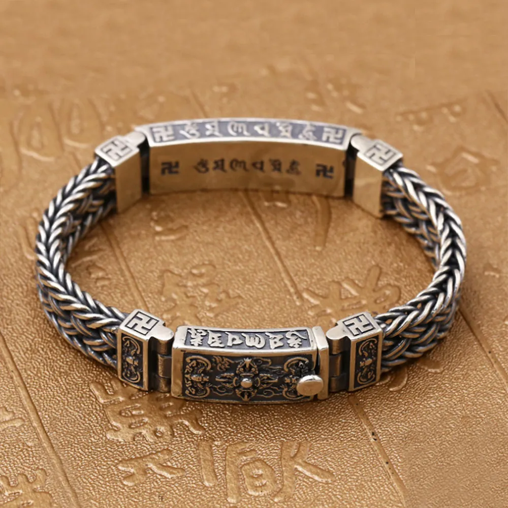 Real Solid 925 Sterling Silver Bracelet Vajra Braided Religions Lection Jewelry 7.9"