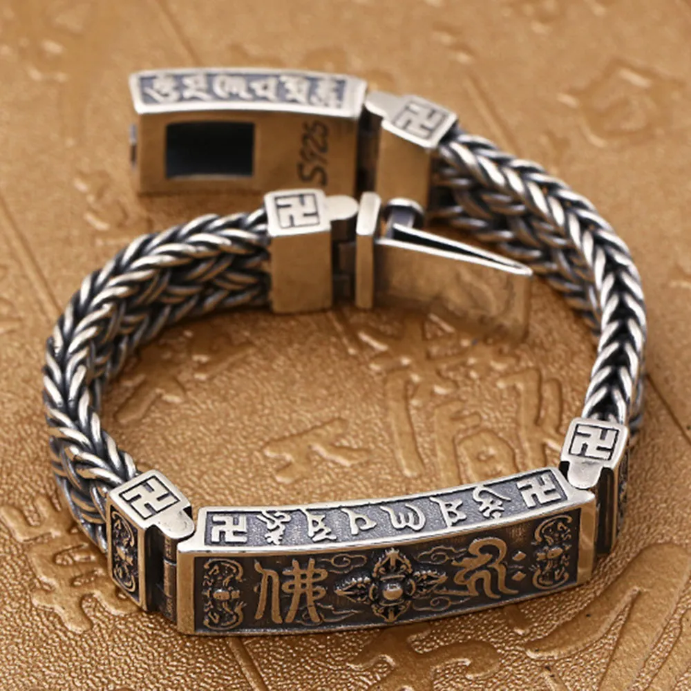 Real Solid 925 Sterling Silver Bracelet Vajra Braided Religions Lection Jewelry 7.9"