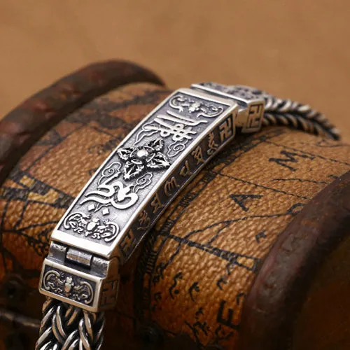 Real Solid 925 Sterling Silver Bracelet Vajra Braided Religions Lection Jewelry 7.9"