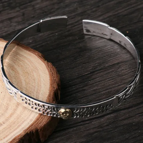 Real Solid 925 Sterling Silver Cuff Bracelet Bangle Skeletons Skulls Rose Braided Punk Jewelry