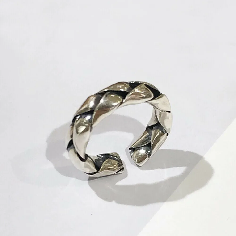 Real Solid 925 Sterling Silver Rings Braided Twisted Fashion Punk Jewelry Open Size 6-8
