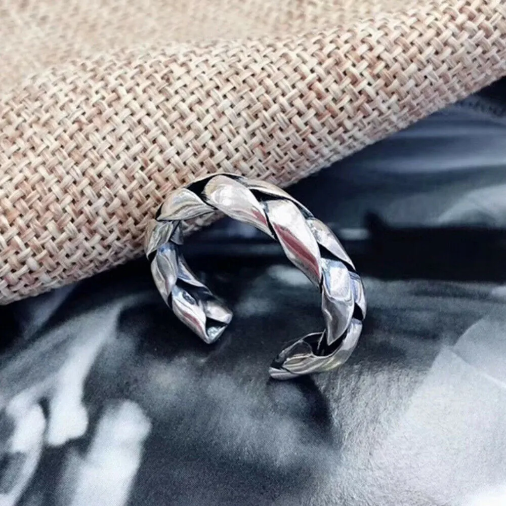 Real Solid 925 Sterling Silver Rings Braided Twisted Fashion Punk Jewelry Open Size 6-8