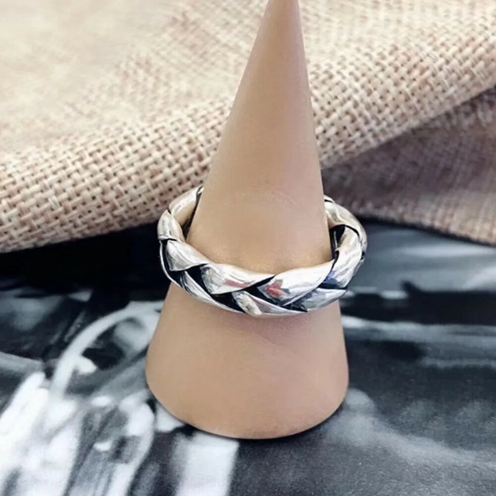 Real Solid 925 Sterling Silver Rings Braided Twisted Fashion Punk Jewelry Open Size 6-8