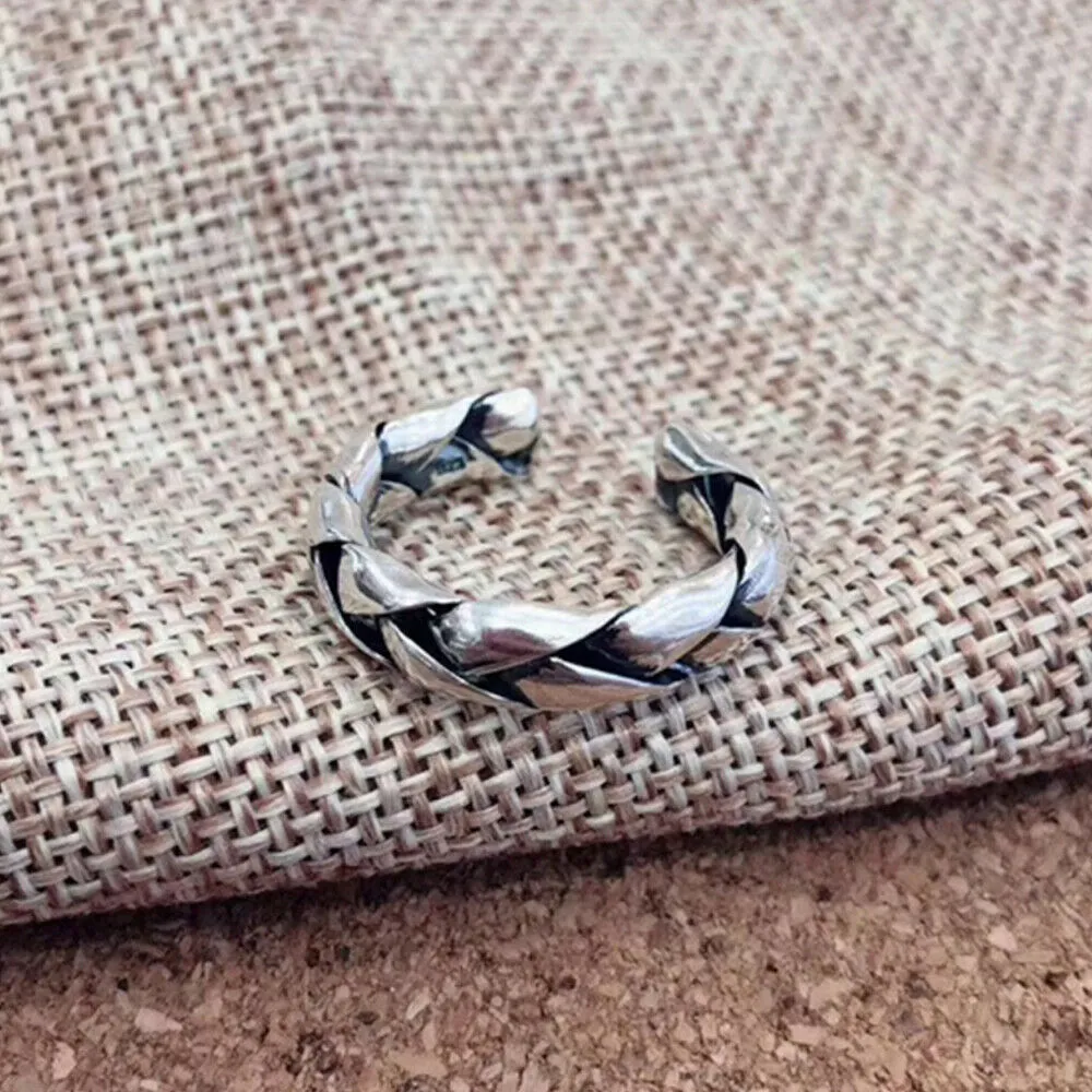 Real Solid 925 Sterling Silver Rings Braided Twisted Fashion Punk Jewelry Open Size 6-8