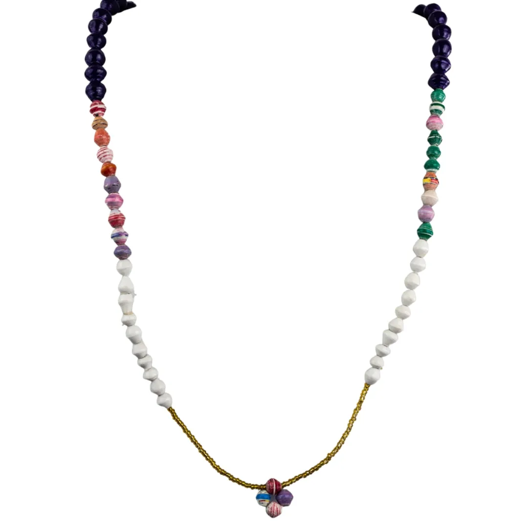 Recycled Paper Bead Necklace - Dark Purple Multi White Trio