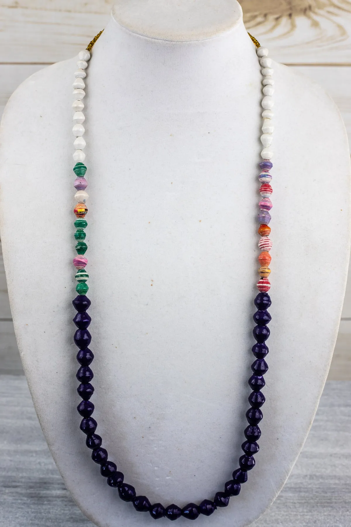 Recycled Paper Bead Necklace - Dark Purple Multi White Trio