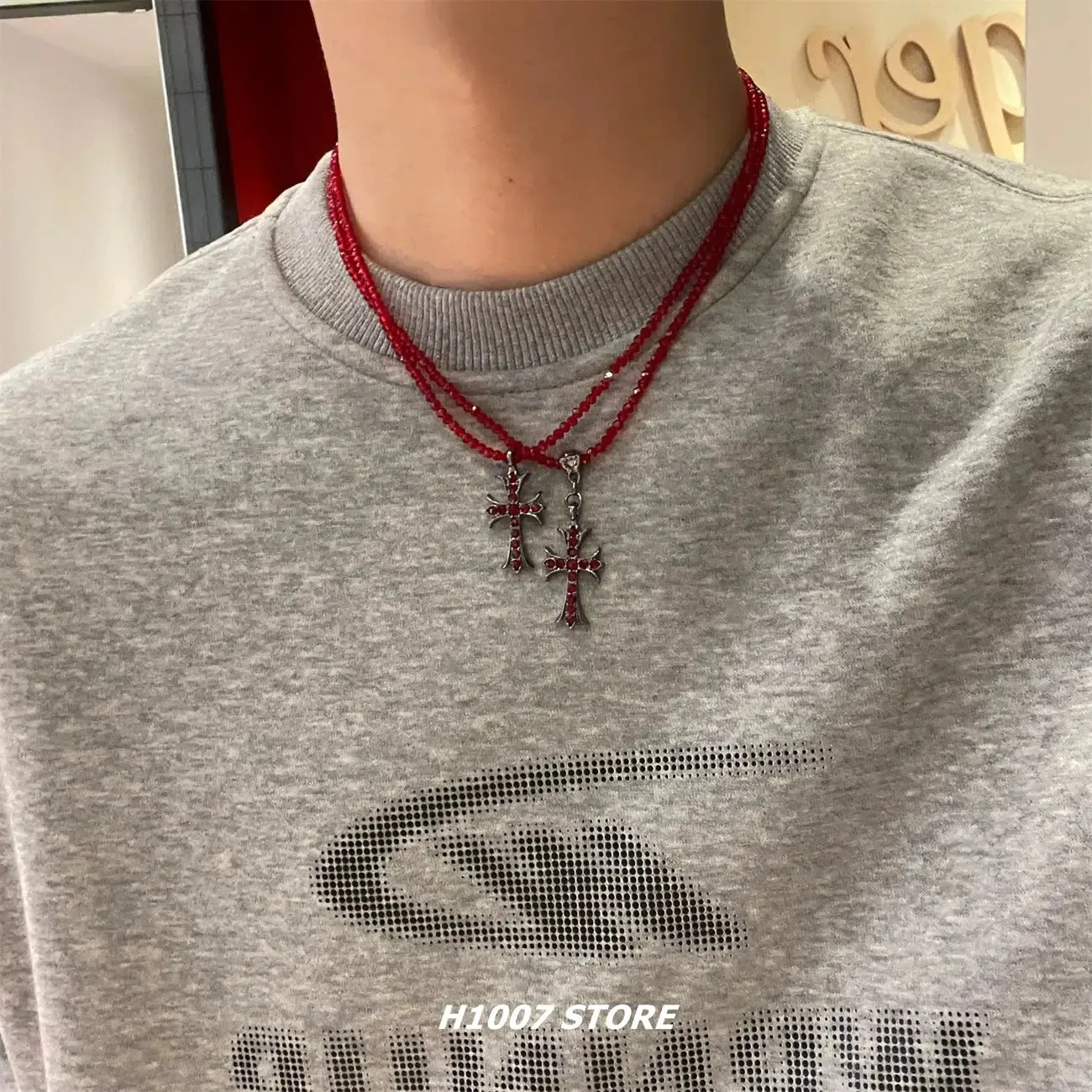 Red Beaded Cross Necklace
