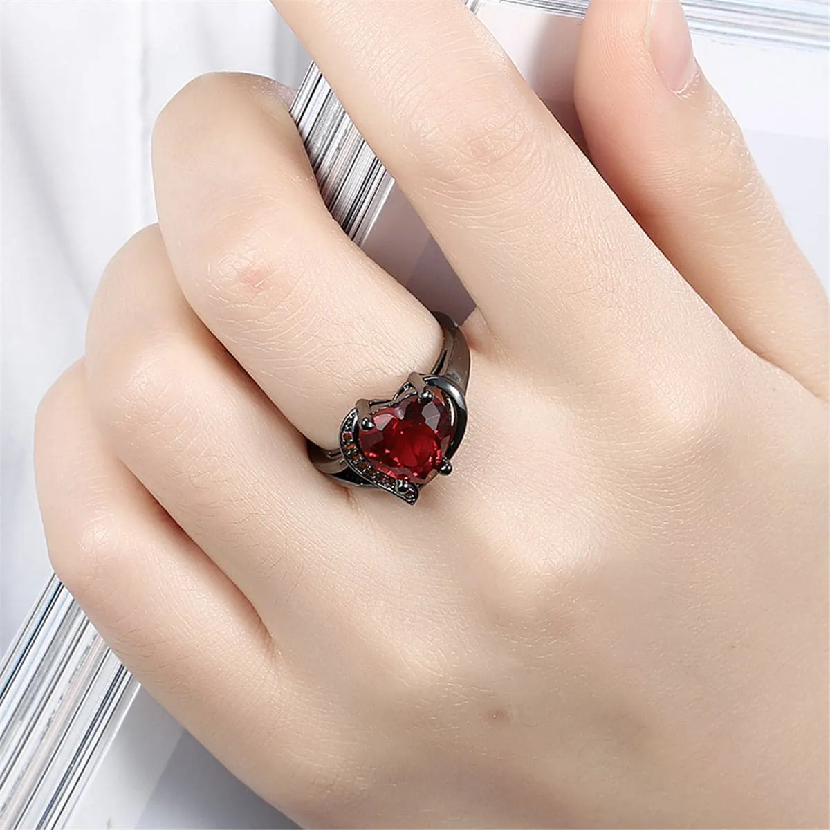 Red Cubic Zirconia & Gunmetal Heart Ring
