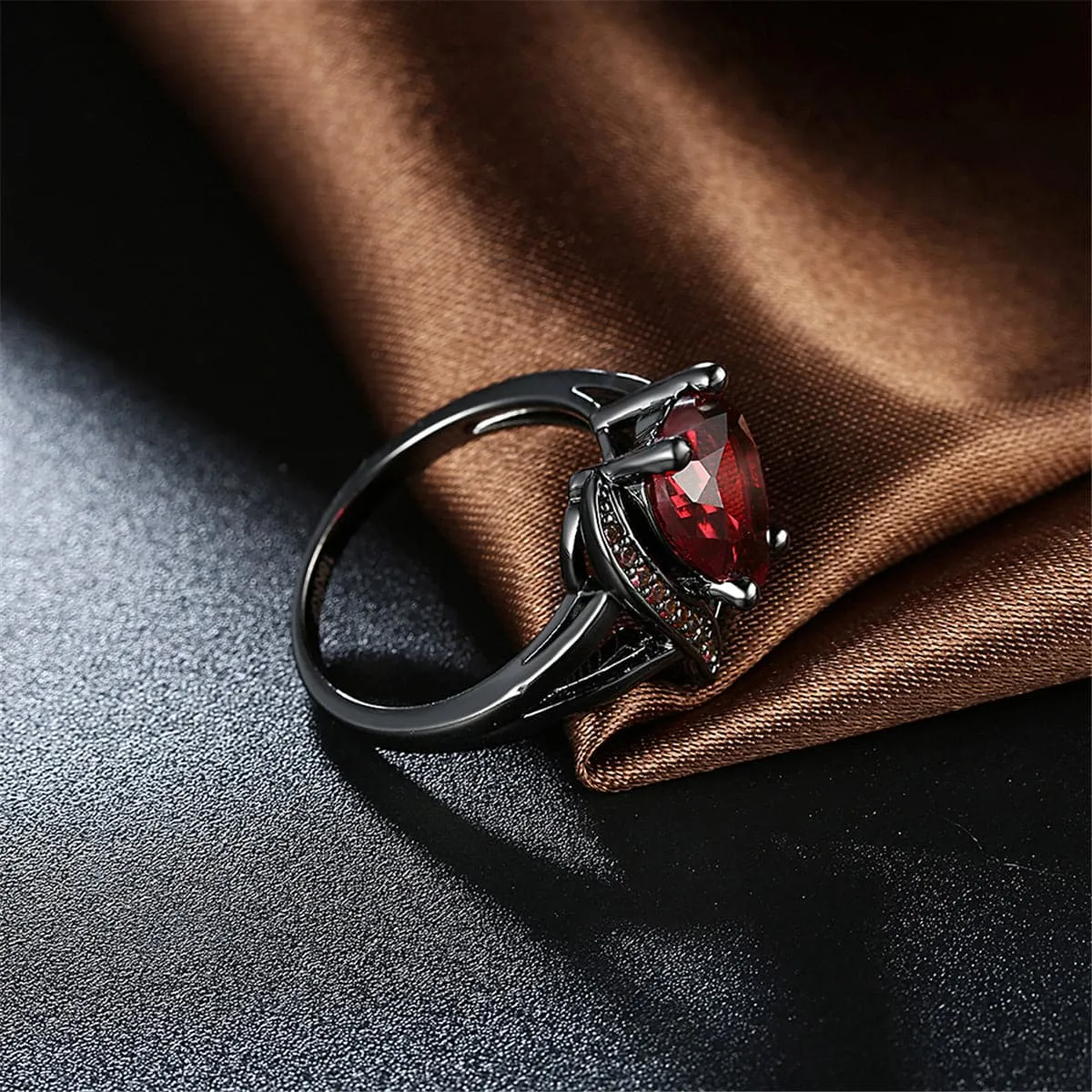 Red Cubic Zirconia & Gunmetal Heart Ring
