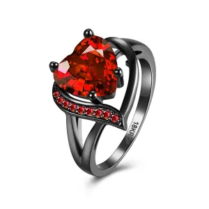 Red Cubic Zirconia & Gunmetal Heart Ring