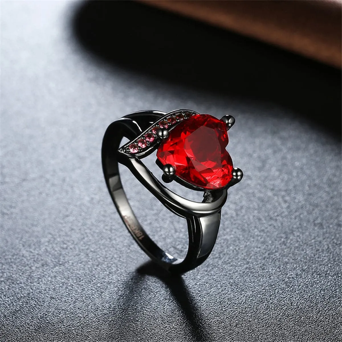 Red Cubic Zirconia & Gunmetal Heart Ring