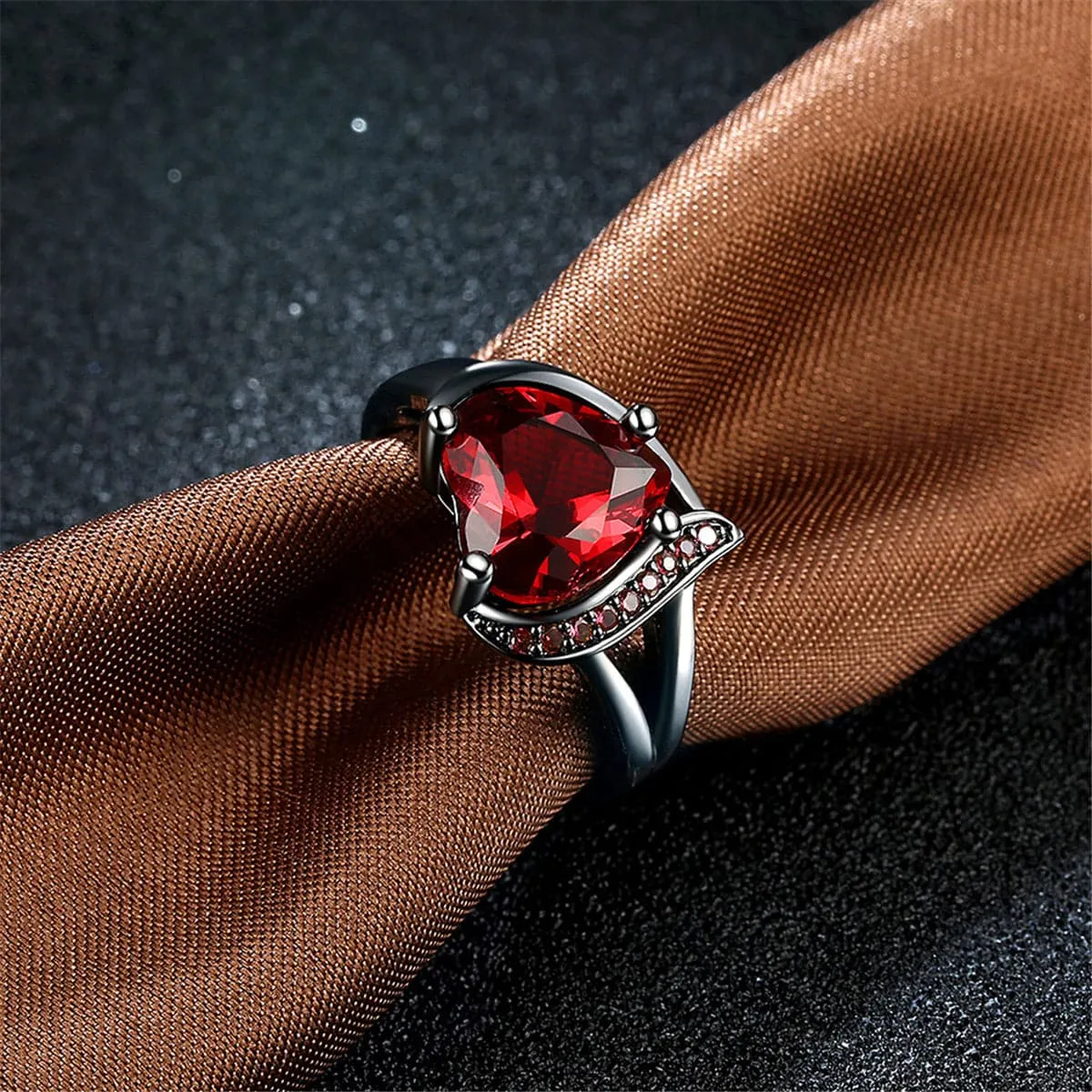 Red Cubic Zirconia & Gunmetal Heart Ring