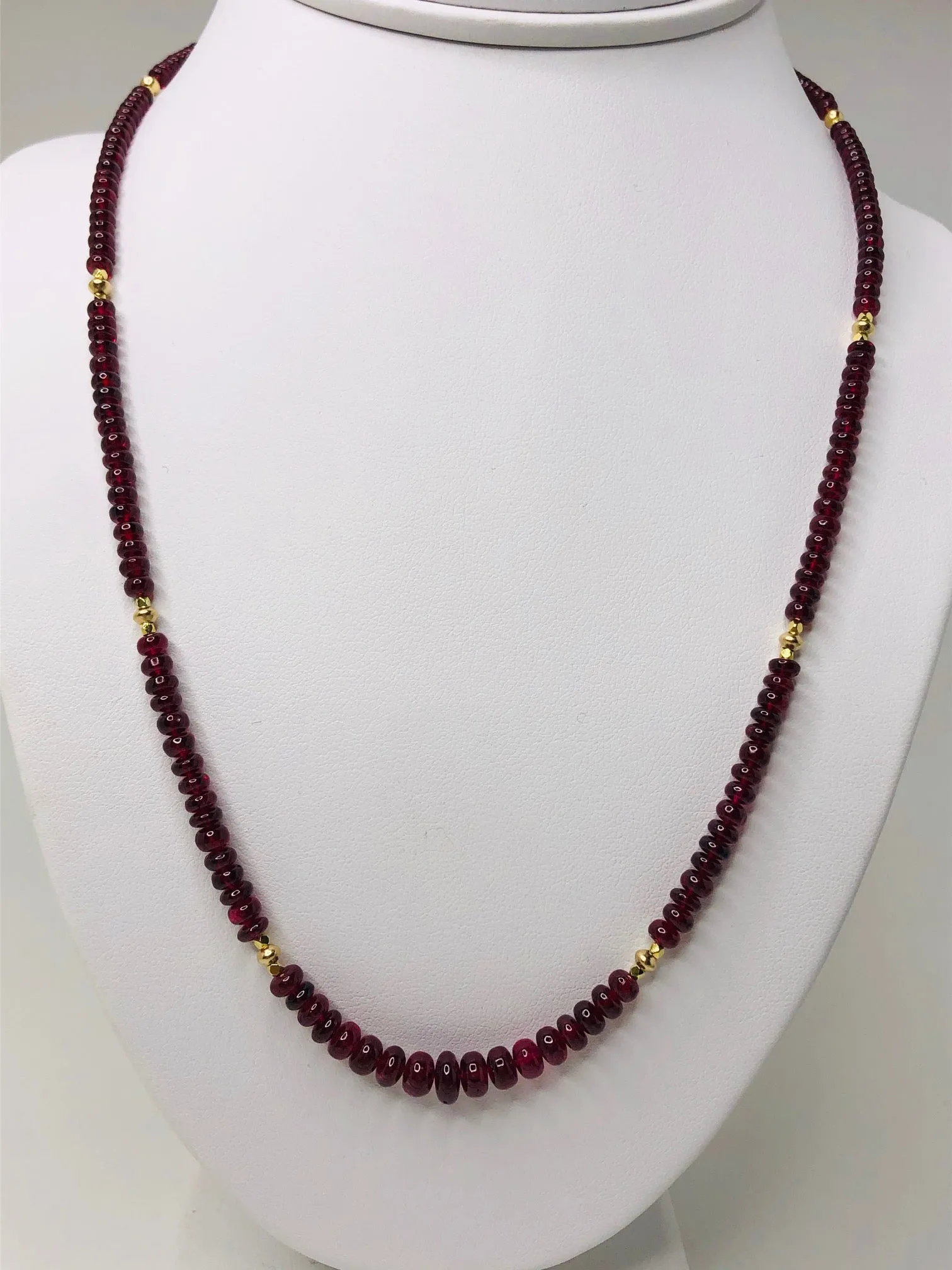 Red Spinel Bead Graduated Strand Necklace with Yellow Gold Spacers, 20 Inches