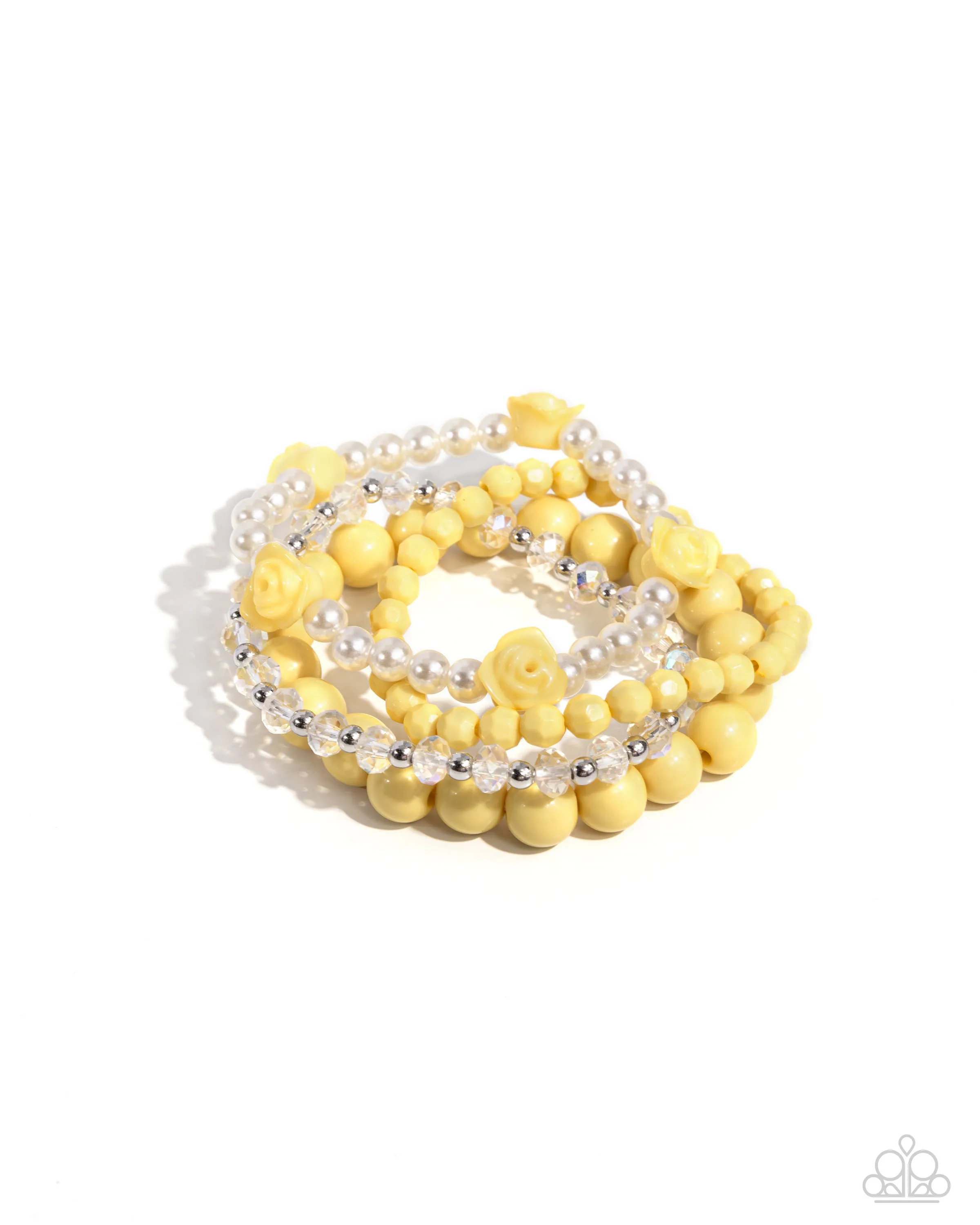 Rosy Retrospection - Yellow - Beaded Flower and White Pearl Paparazzi Stretchy Bracelet