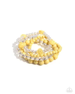 Rosy Retrospection - Yellow - Beaded Flower and White Pearl Paparazzi Stretchy Bracelet