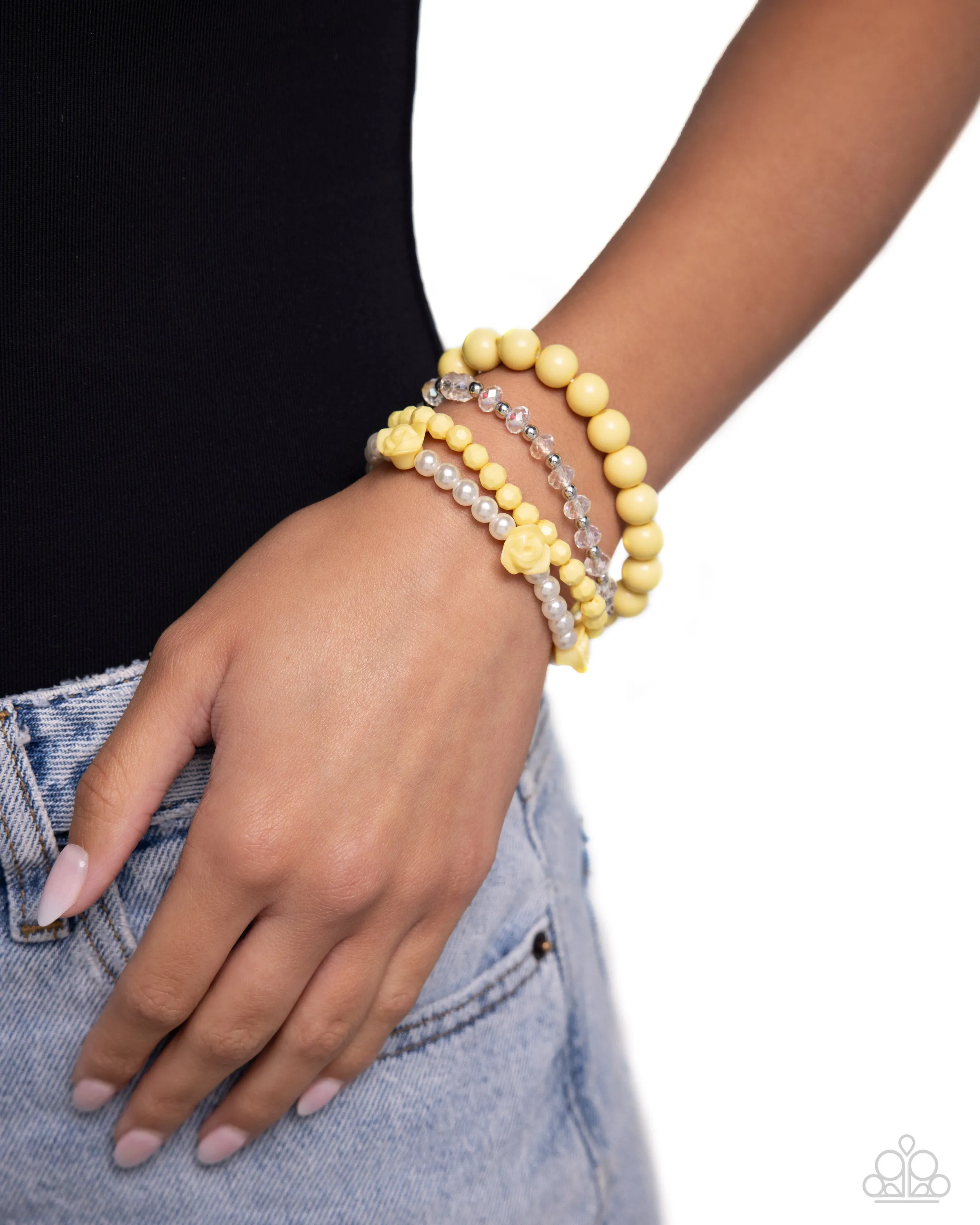 Rosy Retrospection - Yellow - Beaded Flower and White Pearl Paparazzi Stretchy Bracelet
