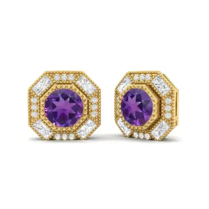 Round Amethyst Minimalist Delicate Stud Women Earrings 9k Yellow Gold