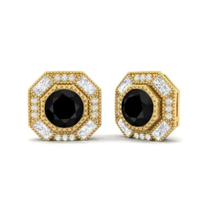 Round Black Spinel Minimalist Delicate Stud Women Earrings 9k Yellow Gold