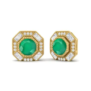 Round Emerald Zambia Minimalist Delicate Stud Women Earrings 9k Yellow Gold