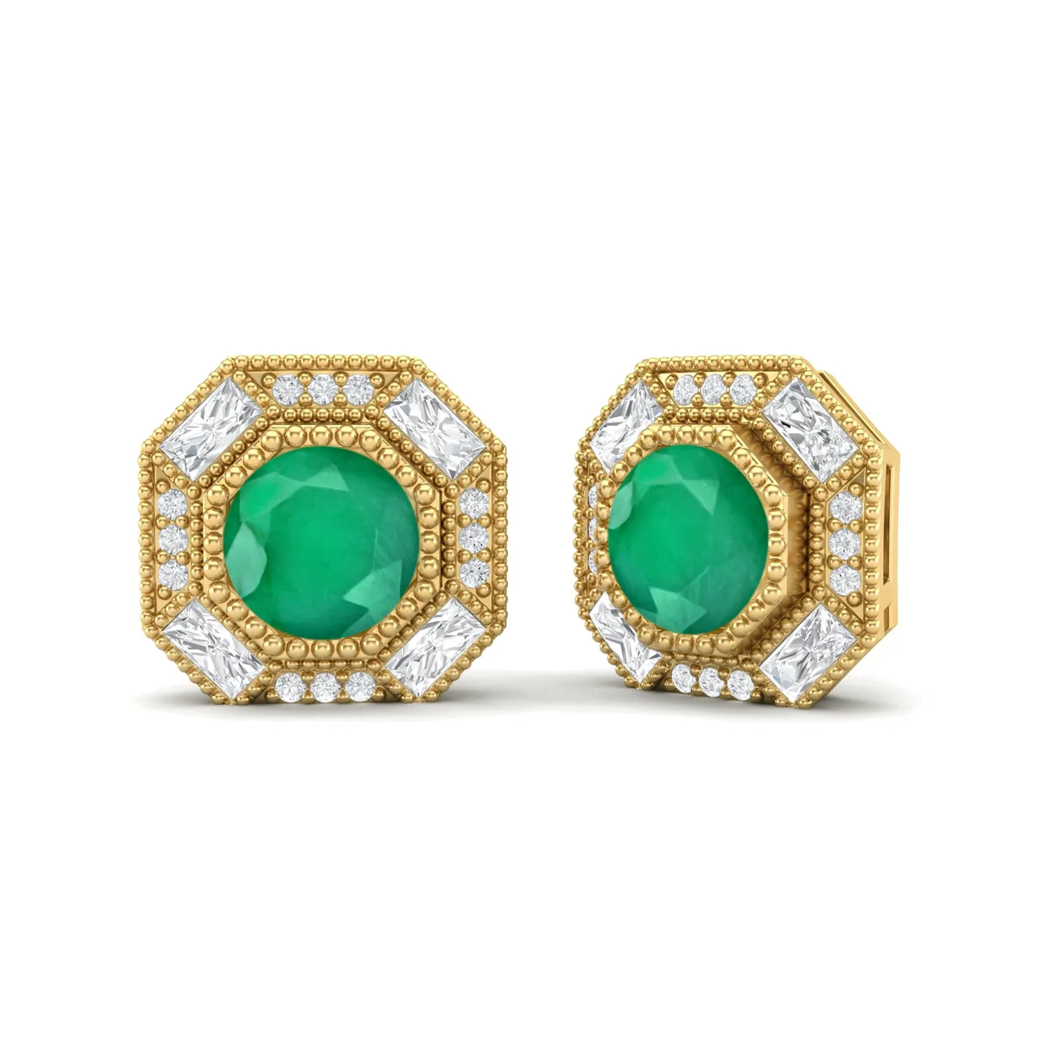 Round Emerald Zambia Minimalist Delicate Stud Women Earrings 9k Yellow Gold