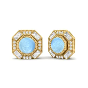 Round Larimar Minimalist Delicate Stud Women Earrings 9k Yellow Gold