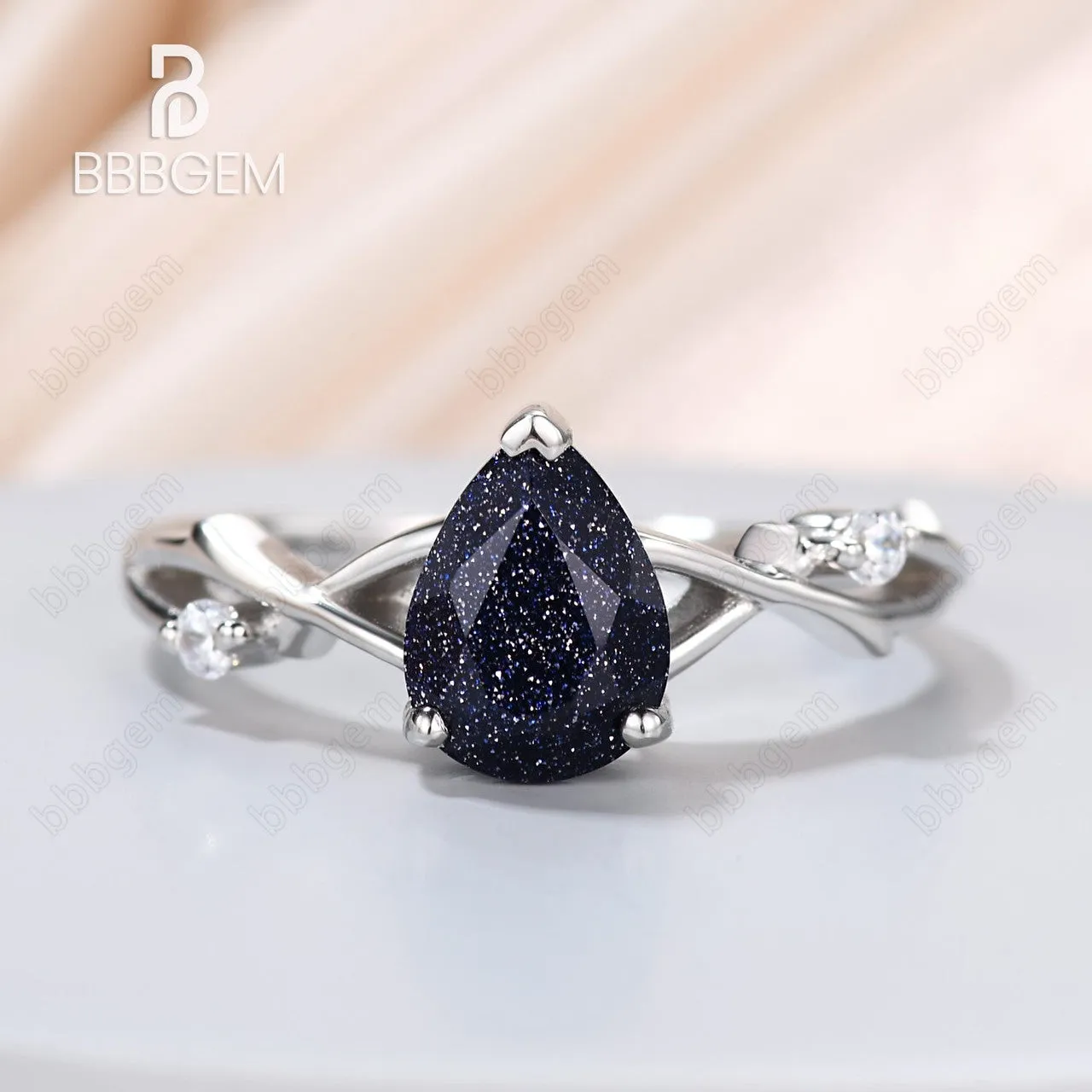 Round Natural Blue Sandstone Ring 925 Silver White Gold Petite Twisted Willow Galaxy Blue Sandstone Engagement Ring
