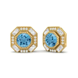 Round Swiss Blue Topaz Minimalist Delicate Stud Earrings 9k Yellow Gold