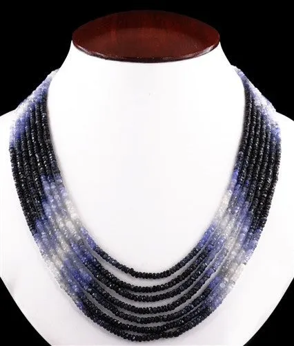 Seven Strand Certified Blue Sapphire Faceted Beaded Necklace