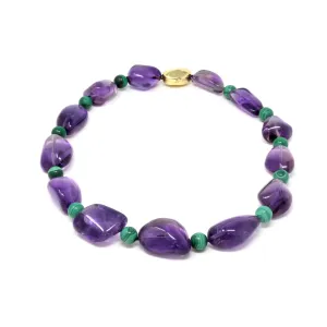 Signed Tambetti Amethyst and Malachite Beaded Necklace with 18 Karat Clasp