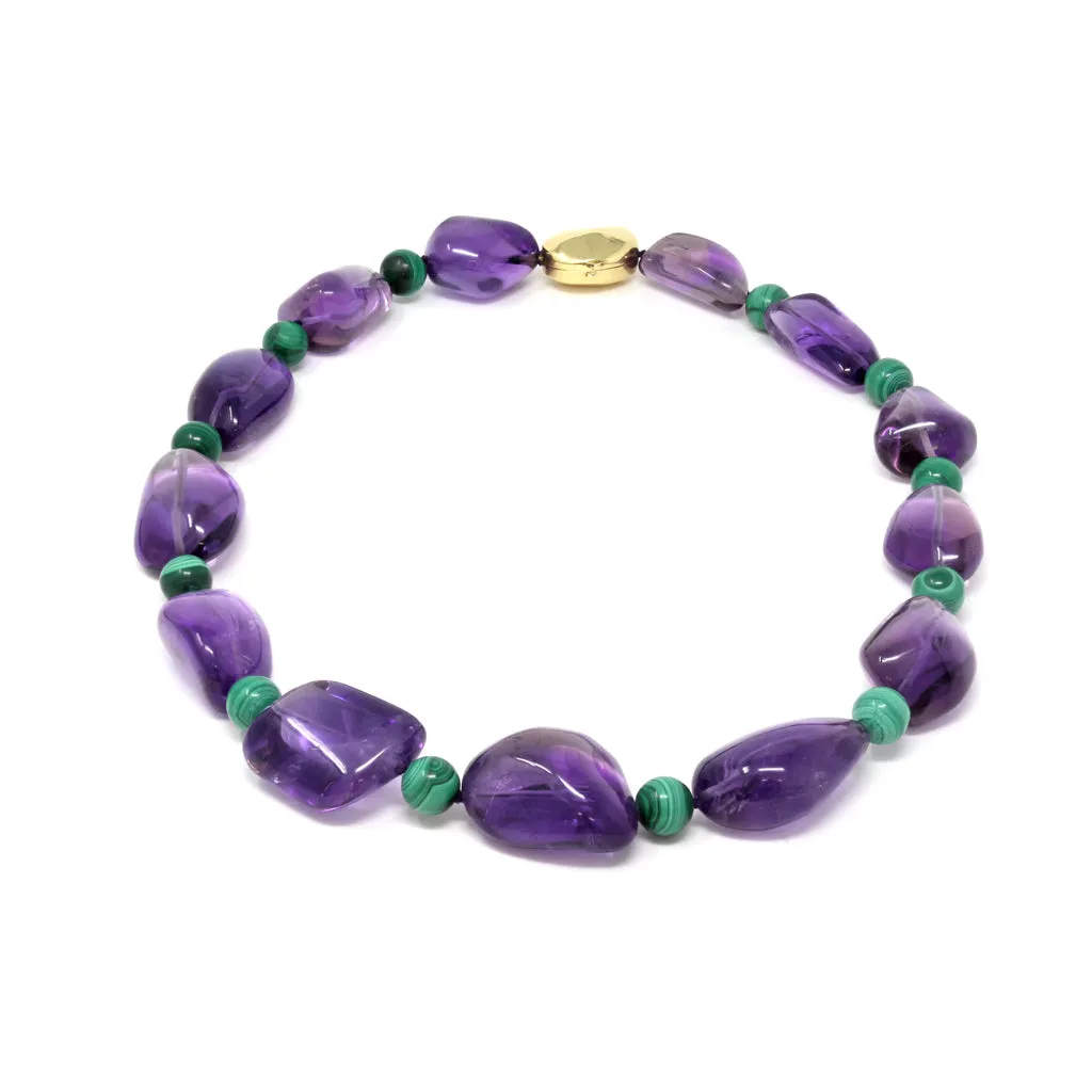 Signed Tambetti Amethyst and Malachite Beaded Necklace with 18 Karat Clasp
