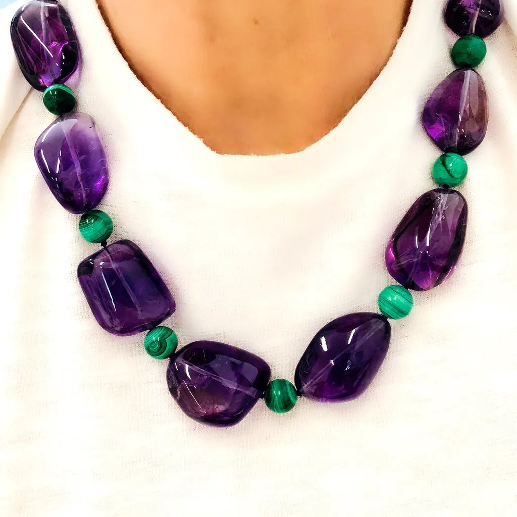 Signed Tambetti Amethyst and Malachite Beaded Necklace with 18 Karat Clasp