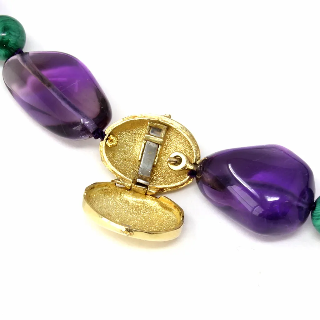Signed Tambetti Amethyst and Malachite Beaded Necklace with 18 Karat Clasp