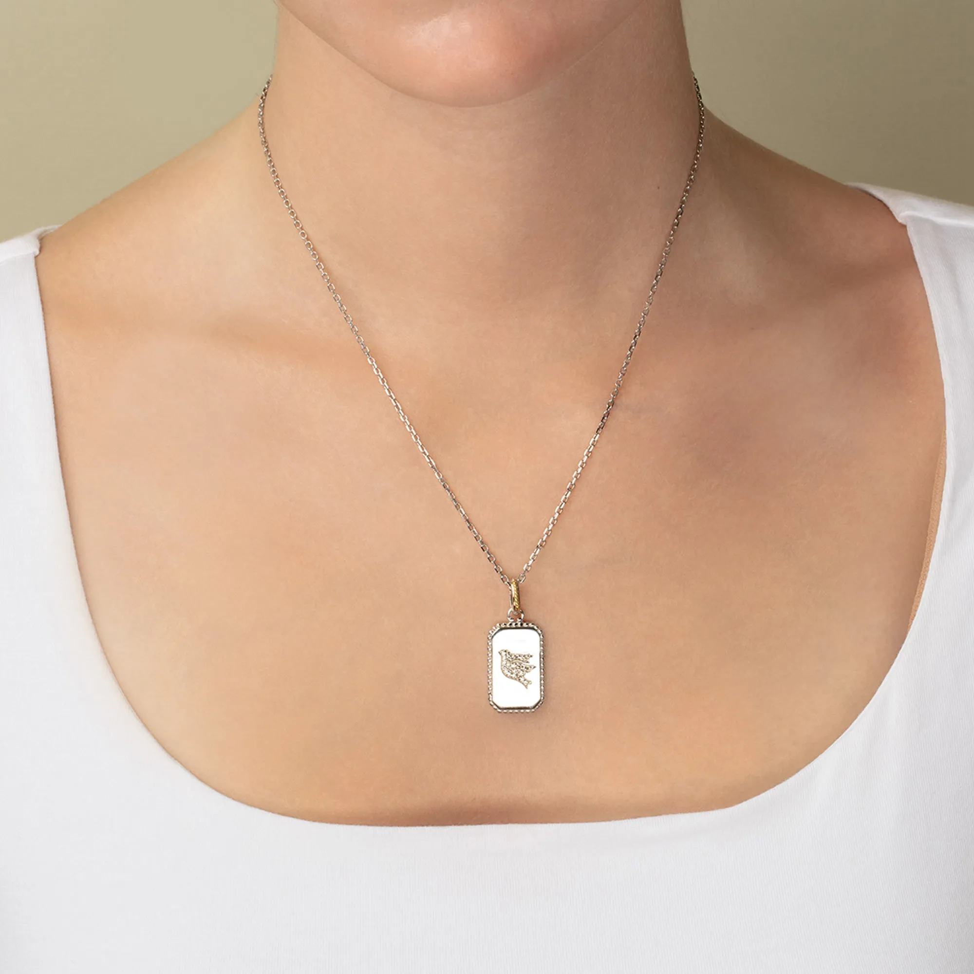Silver & 18K Gold Diamond Dove Medallion Tag