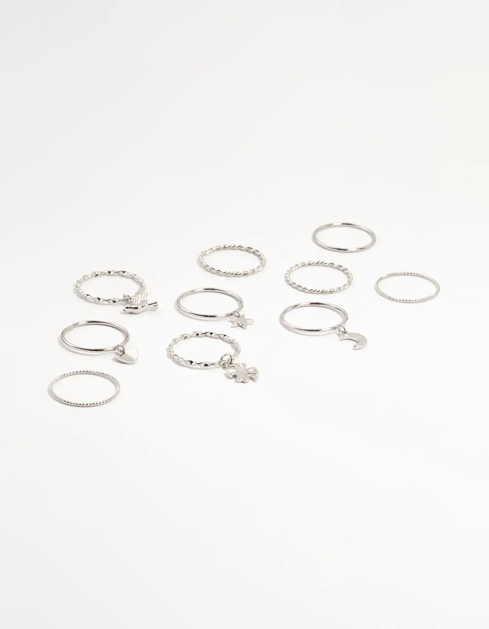 Silver Charm & Twisted Stacking Rings 10-Pack