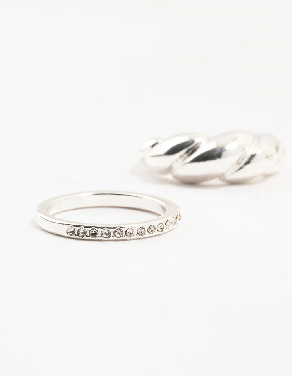 Silver Plated Diamante Twisted Rings 3-Pack