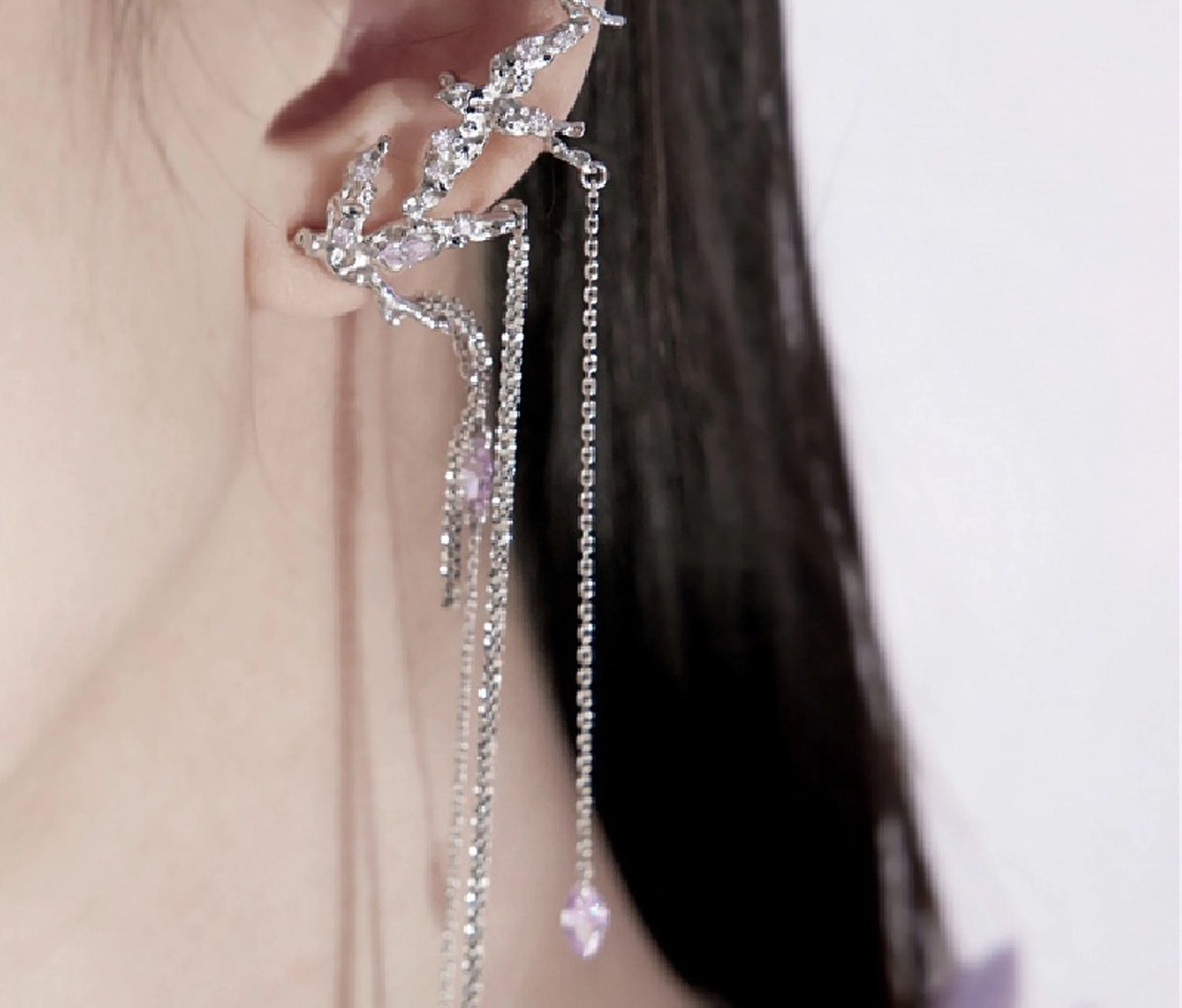 Silver Purple Crystal Long Dangle Ear Cuff