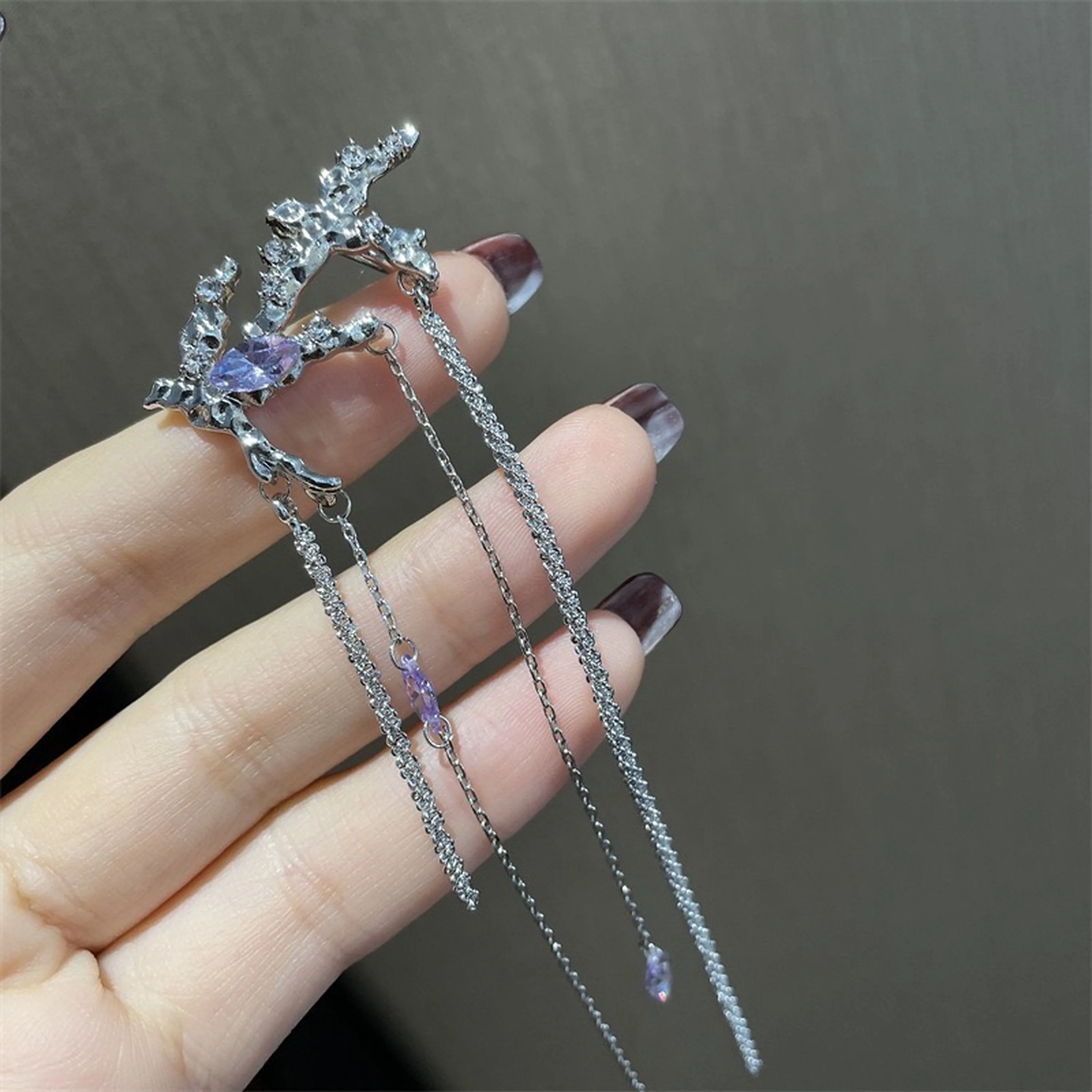 Silver Purple Crystal Long Dangle Ear Cuff