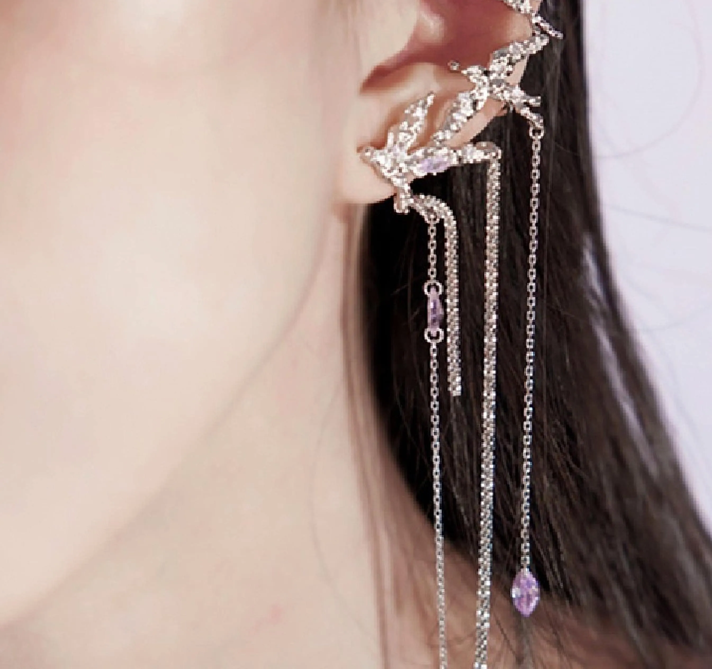 Silver Purple Crystal Long Dangle Ear Cuff