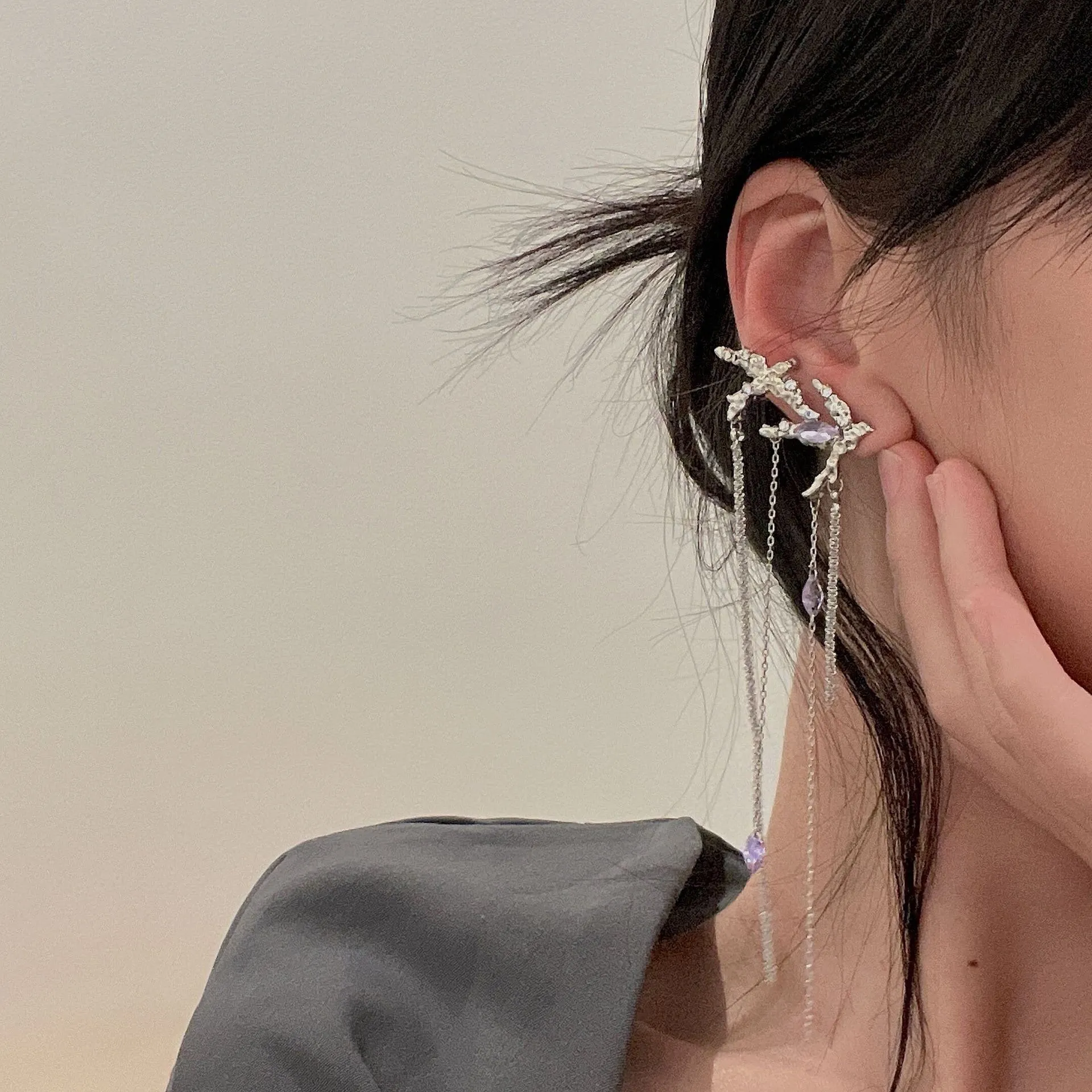 Silver Purple Crystal Long Dangle Ear Cuff