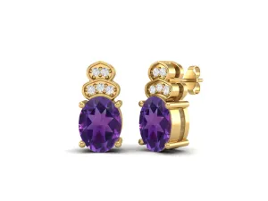 Solitaire Studs 9k Yellow Gold Oval Shape African Amethyst Women Earrings