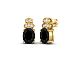 Solitaire Studs 9k Yellow Gold Oval Shape Black Spinel Women Earrings
