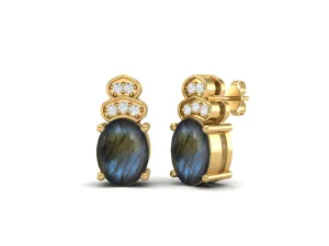 Solitaire Studs 9k Yellow Gold Oval Shape Labradorite Women Earrings