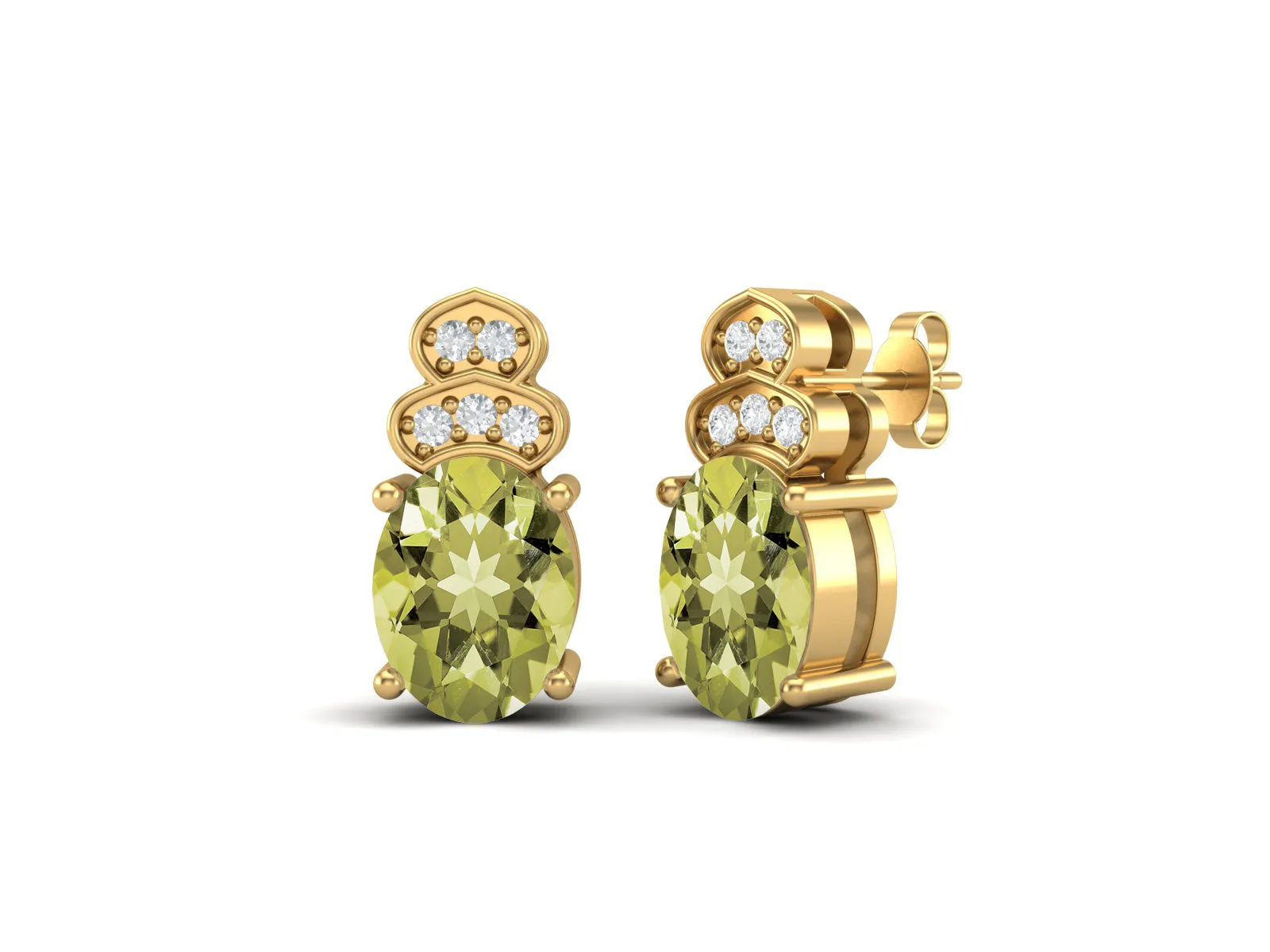 Solitaire Studs 9k Yellow Gold Oval Shape Lemon Quartz Women Earrings