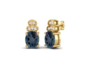 Solitaire Studs 9k Yellow Gold Oval Shape London Blue Topaz Women Earrings