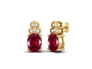 Solitaire Studs 9k Yellow Gold Oval Shape Ruby Glass Field Women Earrings