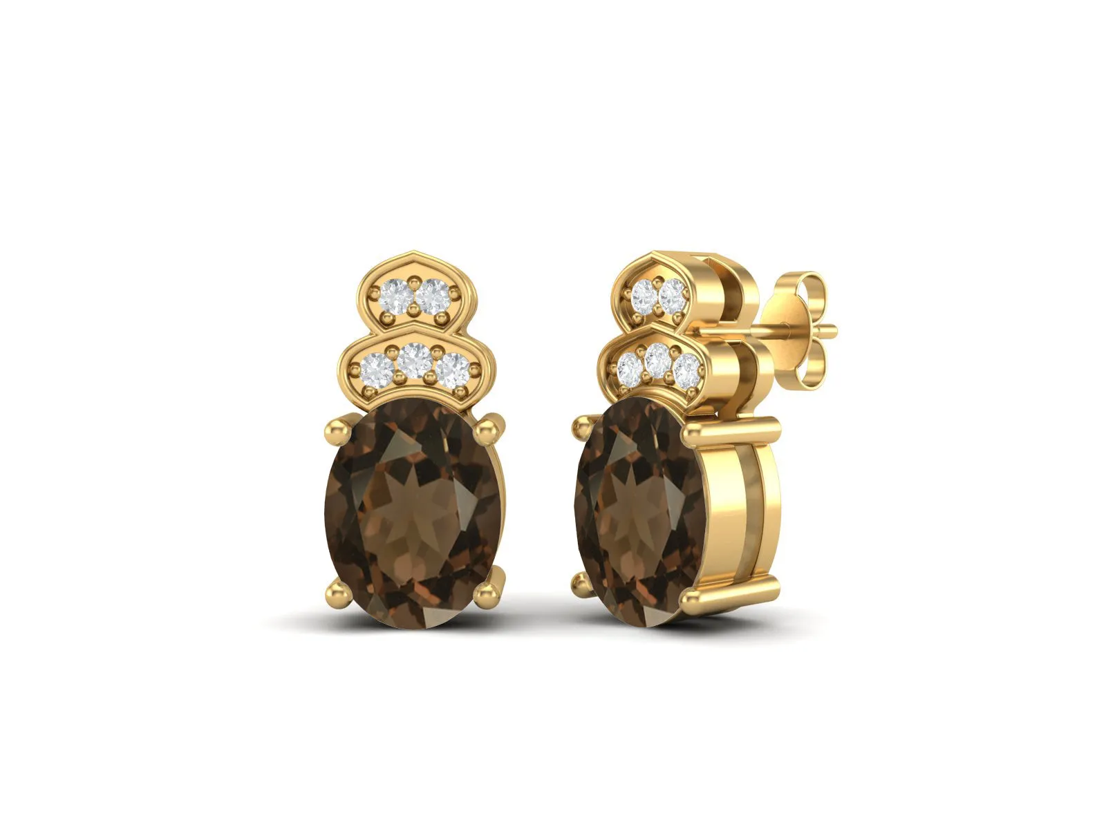 Solitaire Studs 9k Yellow Gold Oval Shape Smoky Quartz Women Earrings