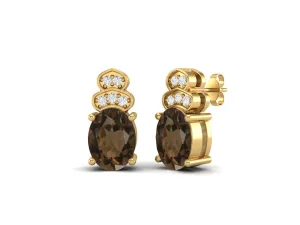 Solitaire Studs 9k Yellow Gold Oval Shape Smoky Quartz Women Earrings