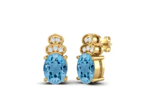 Solitaire Studs 9k Yellow Gold Oval Shape Swiss Blue Topaz Women Earrings
