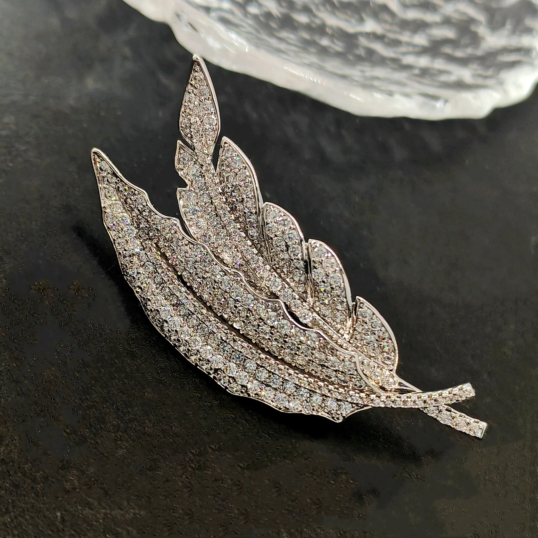 Sparkles Double CZ Leaf Brooch Pin Nature Inspire Plant Jewelry