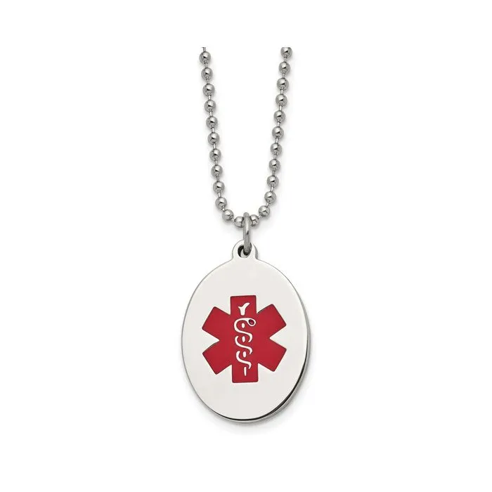 Stainless Steel Brushed and Polished with Red Enamel Medical ID Necklace